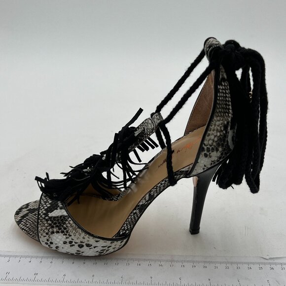 Black Sanke Print Tassels Lace Up Sandals Open Toe High Heel Fringed Shoes - Picture 1 of 6